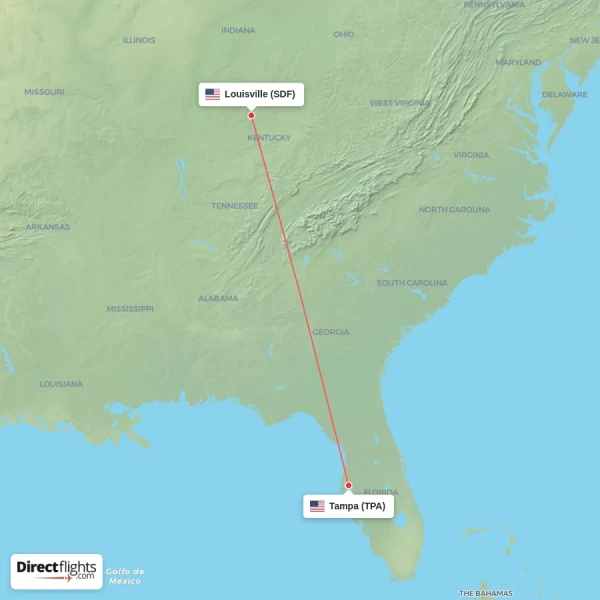Louisville - Tampa direct flight map