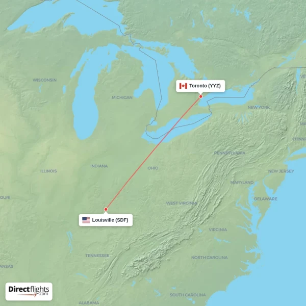 Louisville - Toronto direct flight map