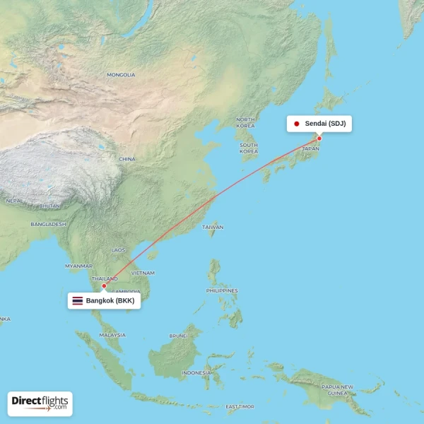 Sendai - Bangkok direct flight map