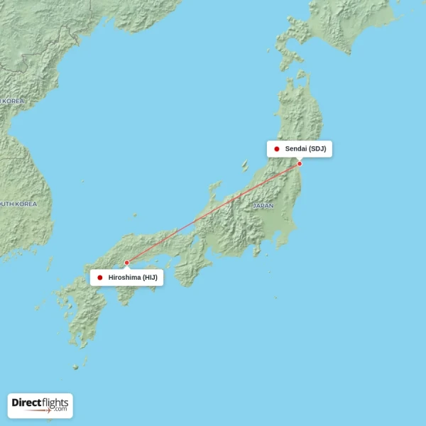 Sendai - Hiroshima direct flight map