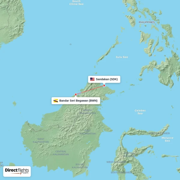 Sandakan - Bandar Seri Begawan direct flight map