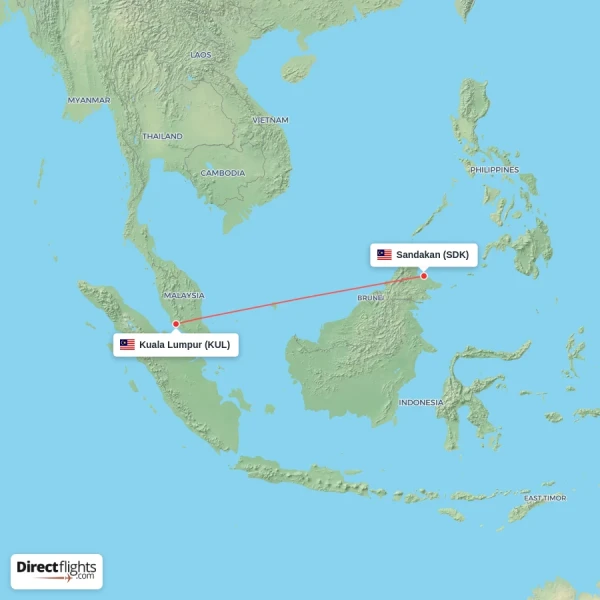 Sandakan - Kuala Lumpur direct flight map