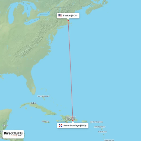 Santo Domingo - Boston direct flight map