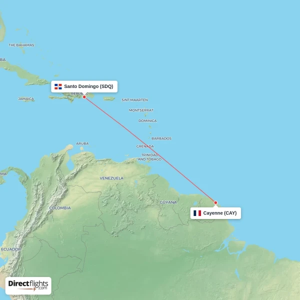 Santo Domingo - Cayenne direct flight map