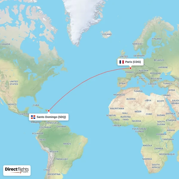 Santo Domingo - Paris direct flight map