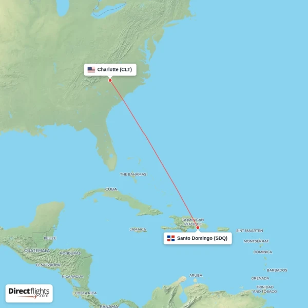 Santo Domingo - Charlotte direct flight map