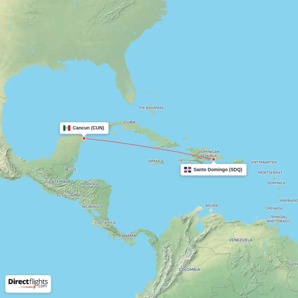 Santo Domingo - Cancun direct flight map