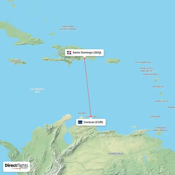 Santo Domingo - Curacao direct flight map