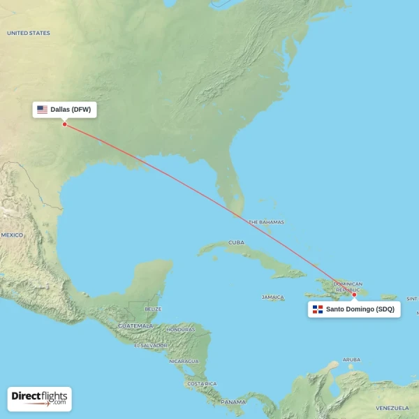 Santo Domingo - Dallas direct flight map