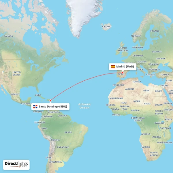 Santo Domingo - Madrid direct flight map