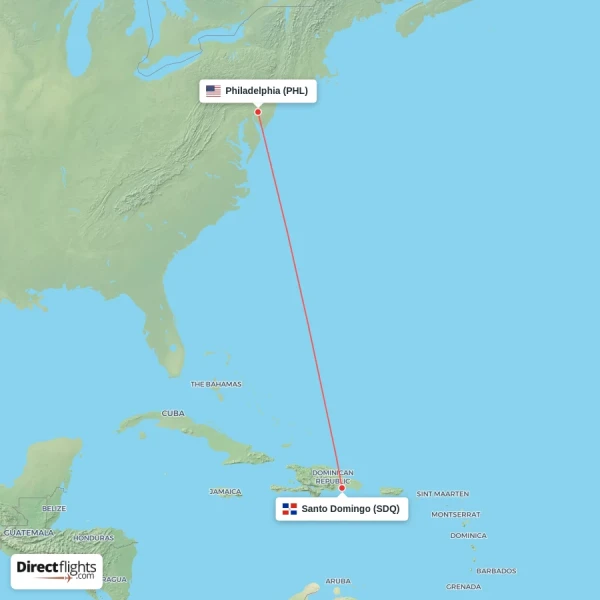 Santo Domingo - Philadelphia direct flight map