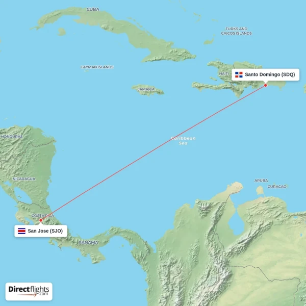 Santo Domingo - San Jose direct flight map