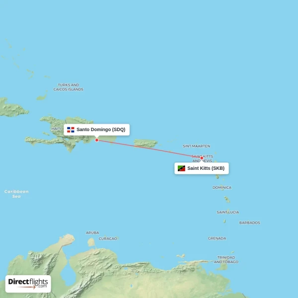 Santo Domingo - Saint Kitts direct flight map