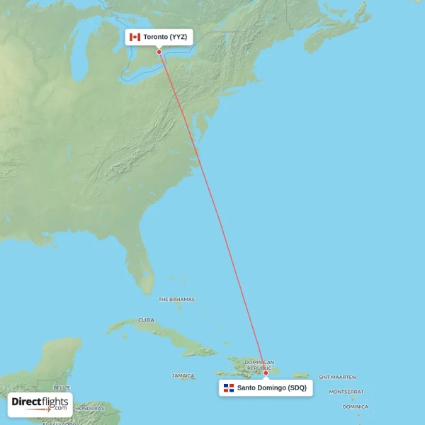 Santo Domingo - Toronto direct flight map