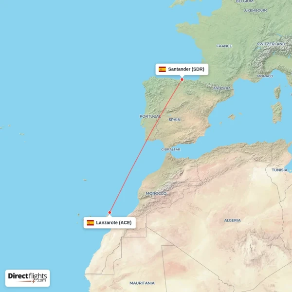 Santander - Lanzarote direct flight map