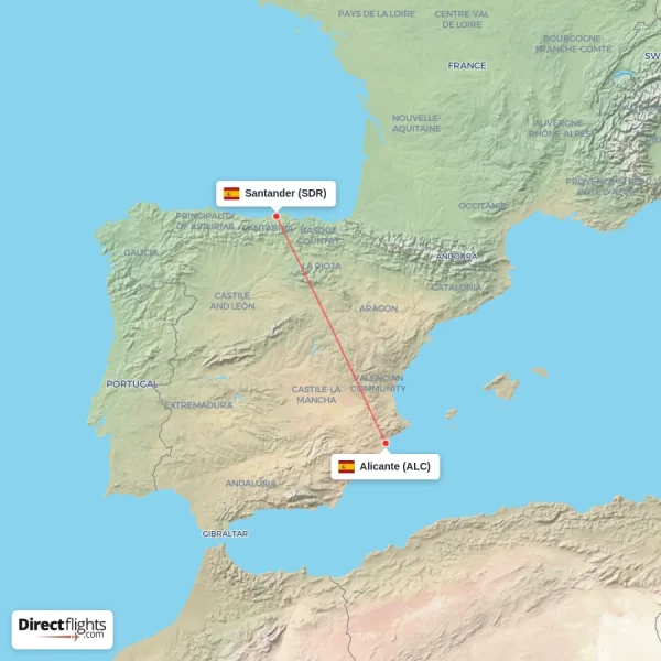 Santander - Alicante direct flight map
