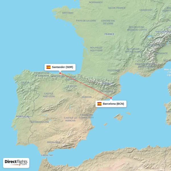Santander - Barcelona direct flight map