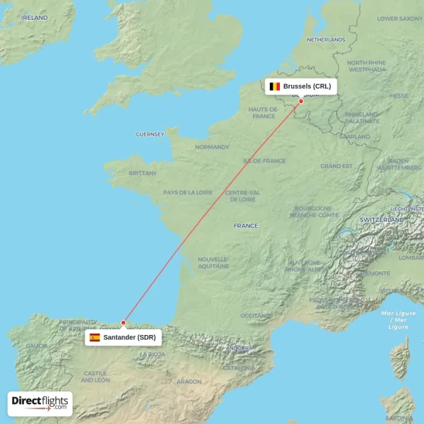 Santander - Brussels direct flight map