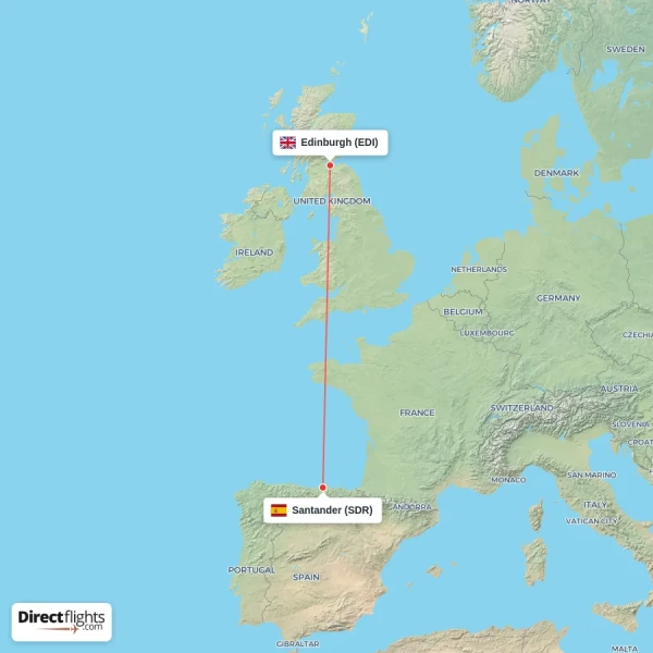 Santander - Edinburgh direct flight map