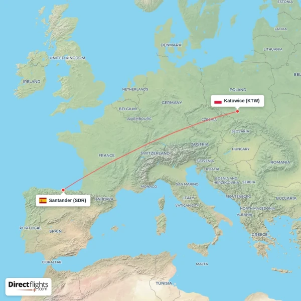 Santander - Katowice direct flight map