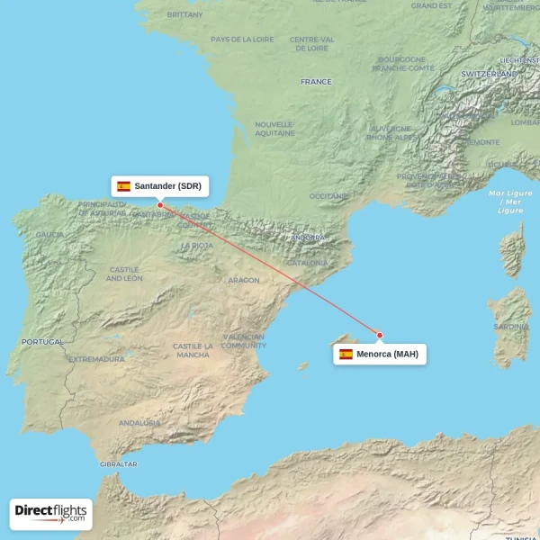 Santander - Menorca direct flight map
