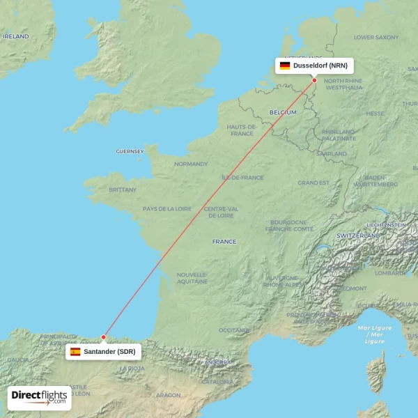 Santander - Dusseldorf direct flight map