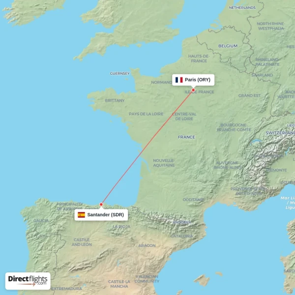 Santander - Paris direct flight map