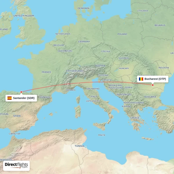 Santander - Bucharest direct flight map
