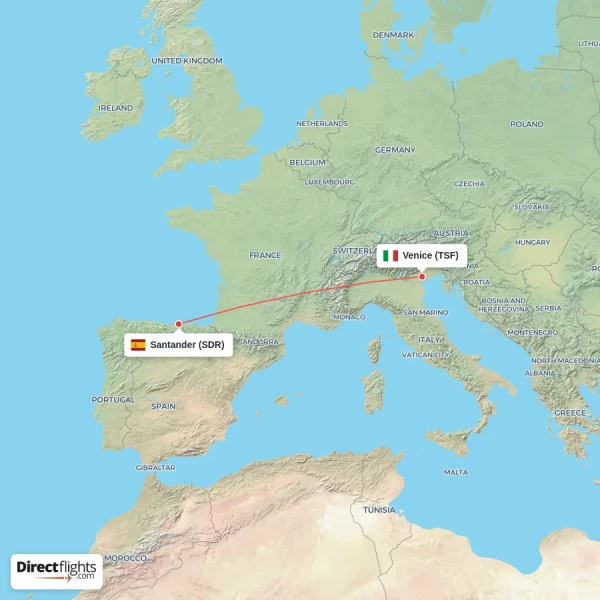 Santander - Venice direct flight map
