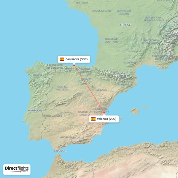 Santander - Valencia direct flight map