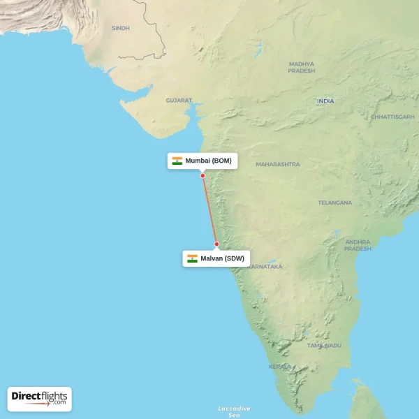 Malvan - Mumbai direct flight map