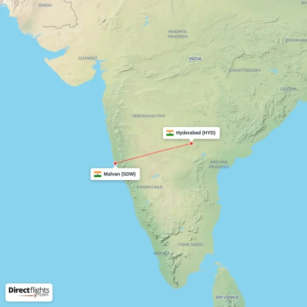 Malvan - Hyderabad direct flight map