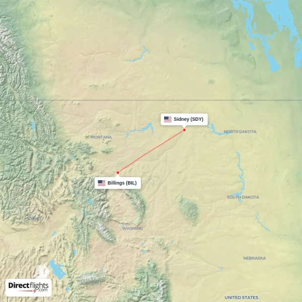 Sidney - Billings direct flight map