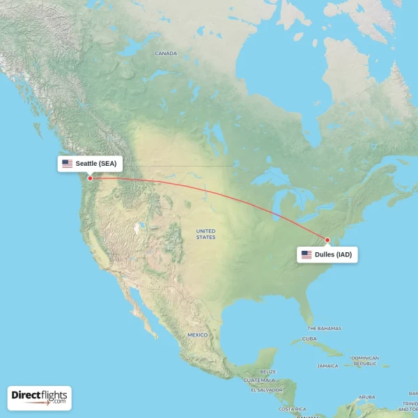 Seattle - Dulles direct flight map