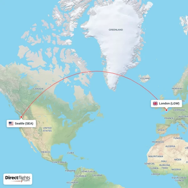 Seattle - London direct flight map