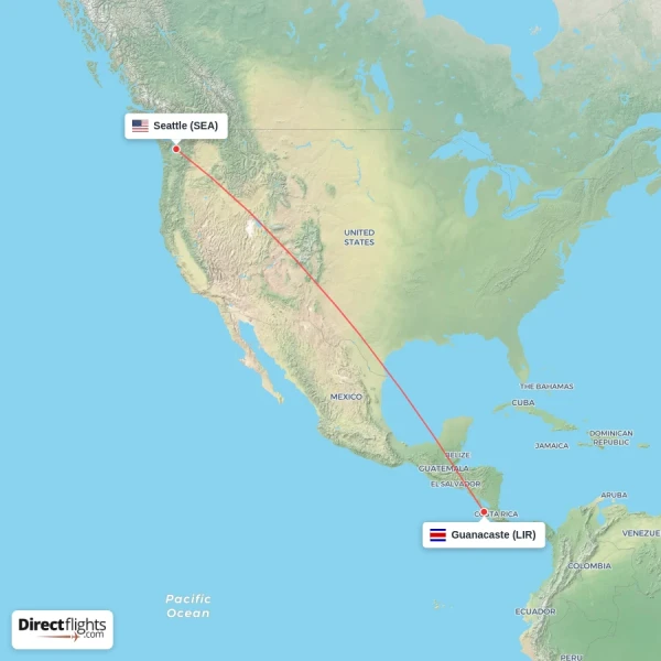 Seattle - Guanacaste direct flight map