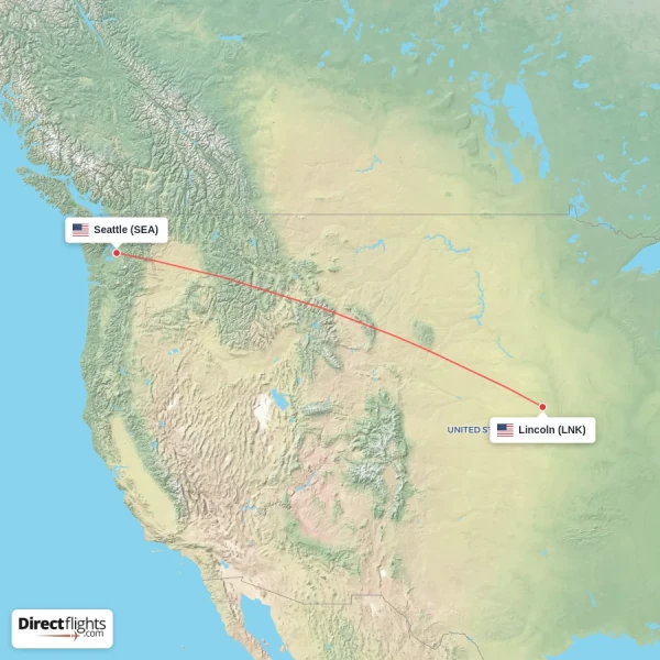 Seattle - Lincoln direct flight map