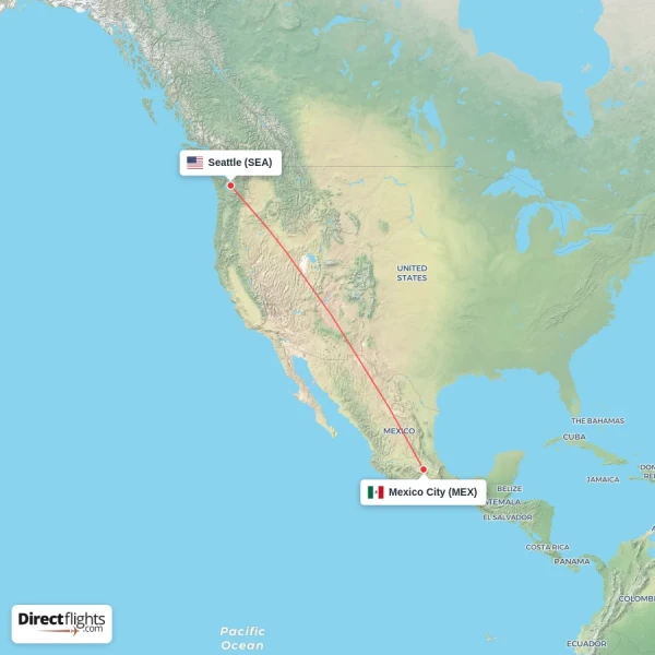 Seattle - Mexico City direct flight map