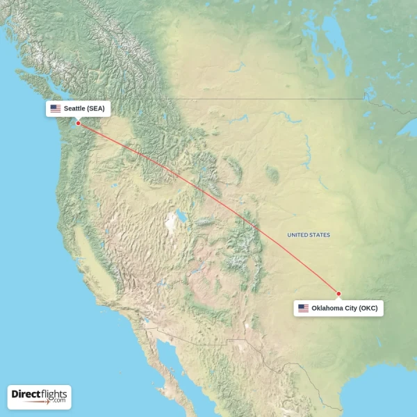 Seattle - Oklahoma City direct flight map