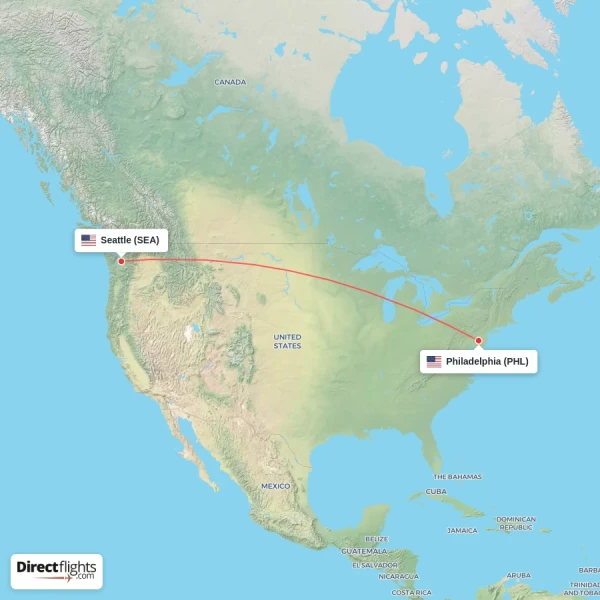 Seattle - Philadelphia direct flight map