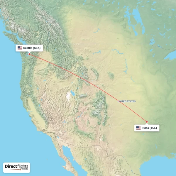 Seattle - Tulsa direct flight map