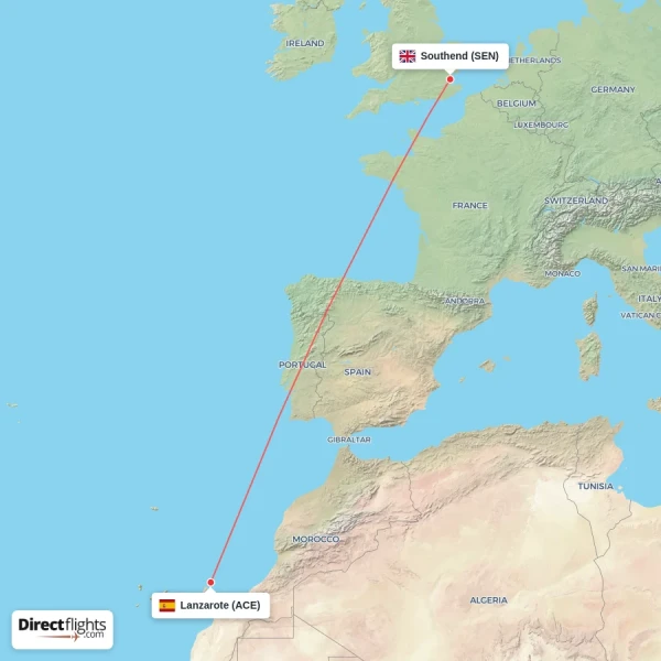 Southend - Lanzarote direct flight map