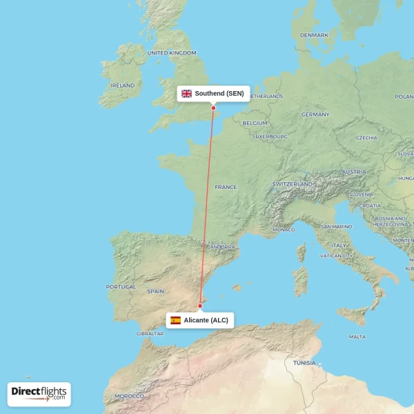 Southend - Alicante direct flight map