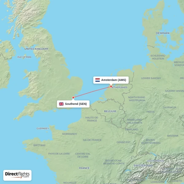 Southend - Amsterdam direct flight map