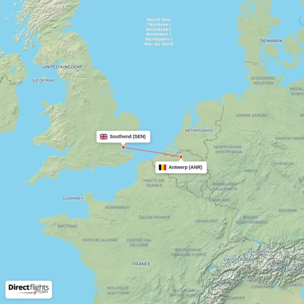 Southend - Antwerp direct flight map