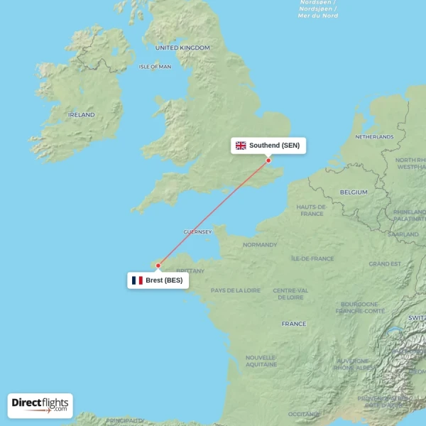Southend - Brest direct flight map