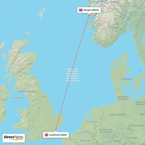 Southend - Bergen direct flight map