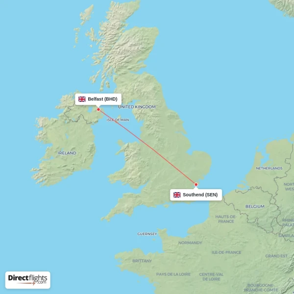 Southend - Belfast direct flight map
