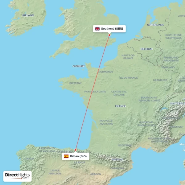 Southend - Bilbao direct flight map