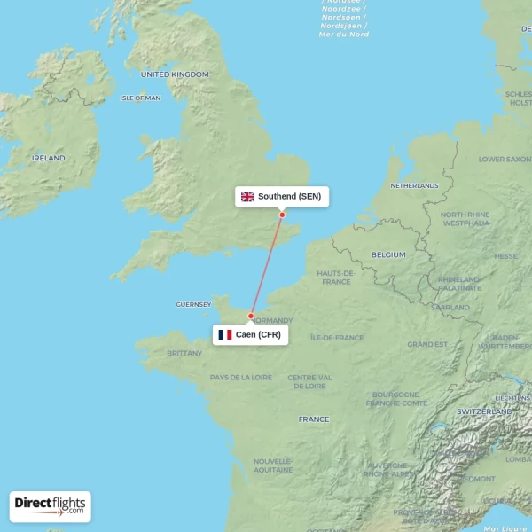 Southend - Caen direct flight map